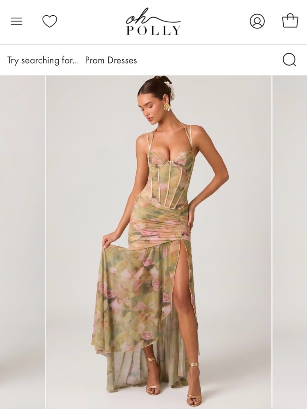 Oh Polly Olive Green & Pink Floral High-Low Mesh Corset Dress - Picture 2 of 5